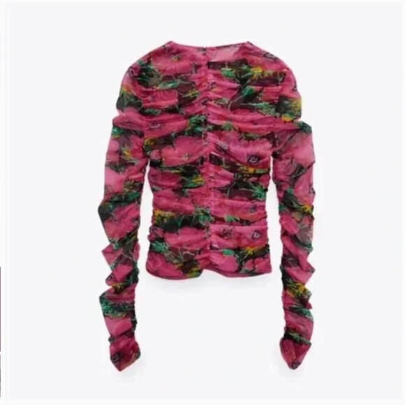 ZARA Pink Floral Printed Draped Tulle Mesh Top Size XL NEW WITH TAG! - Picture 2 of 12